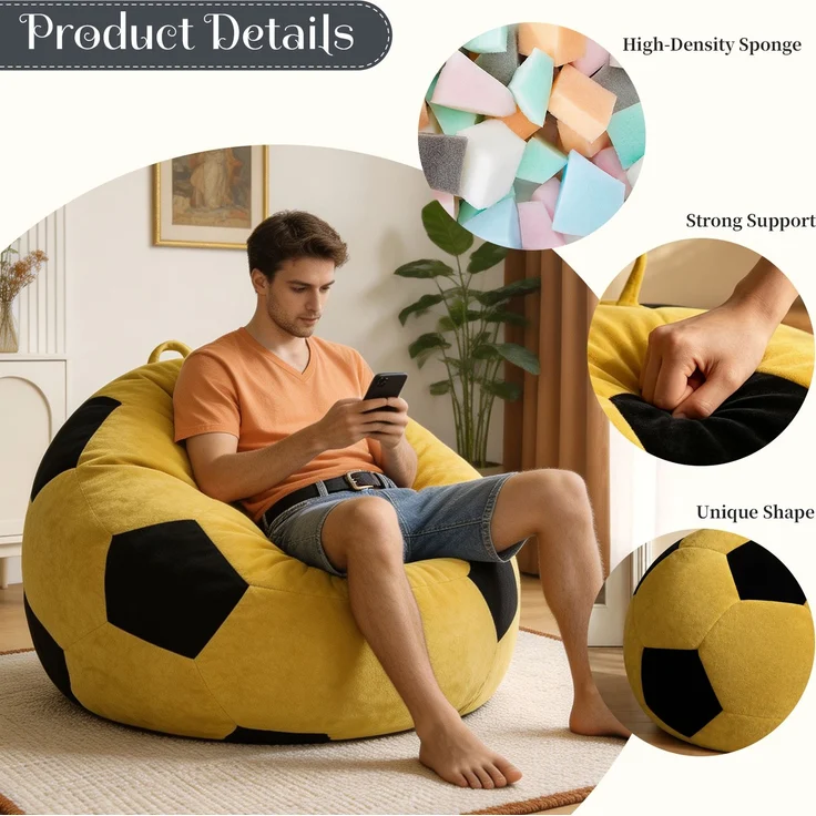 Kleiner, fußballförmiger Sitzsack, mehrfarbige Ziernähte, großer Sitzsack, bequemes Sofa zum Entspannen für Schlafzimmer, Wohnzimmer, Leseecke, Lounge-Sessel für Erwachsene und Jugendliche – Gelb + Schwarz – 48 x 38 x 21 cm – YOUDENOVA – Bild 3