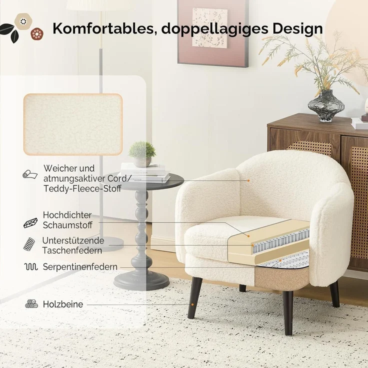 Sessel Cocktailsessel Loungesessel Clubsessel 113kg Teddy-stoff Weiß – Bild 5