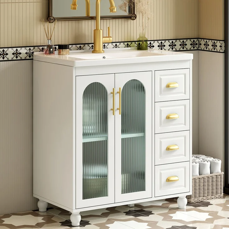 Badmöbel Einzel Waschtisch mit Unterschrank 80cm mit Keramik-Waschbecken,weiß – Bild 2