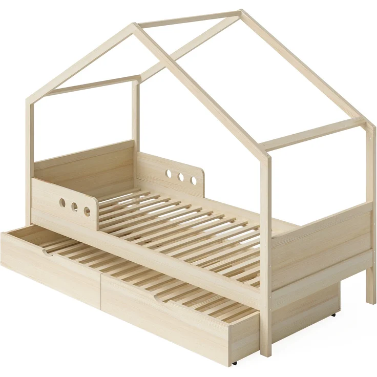 Bellabino 'Bela' Hausbett 90x200 cm mit Gästebett 90x190 cm und 2 Matratzen, natur, Kiefer Massivholz, Montessori Kinderbett mit Ausziehbett, inkl. Rausfallschutz und Lattenrost – Bild 2