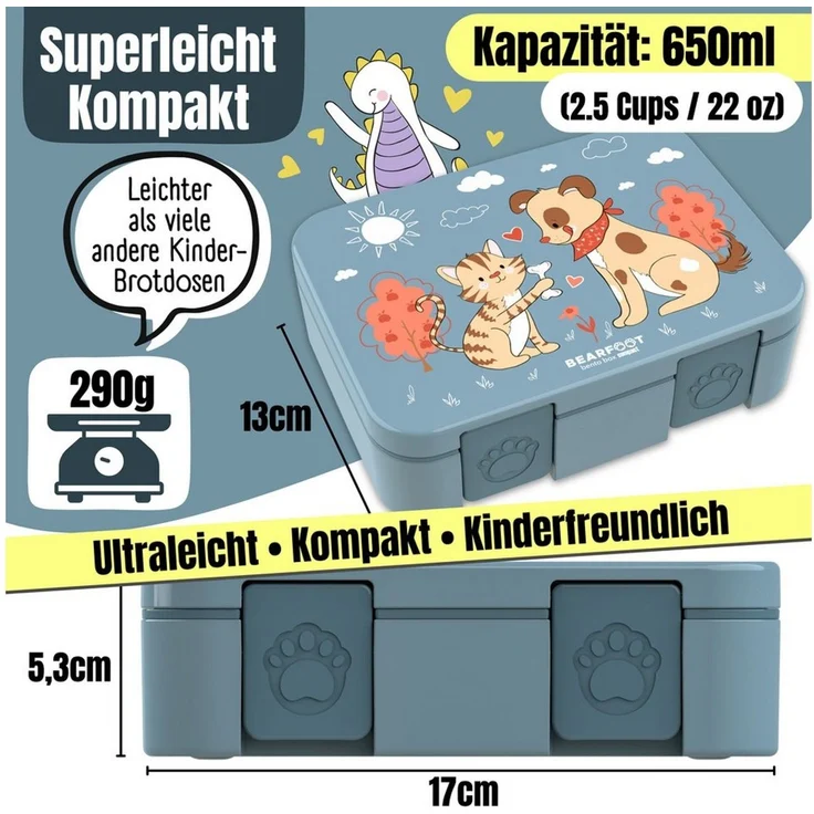 BEARFOOT Lunchbox Brotdose mit Fächern, leicht & auslaufsicher - Hund & Katze, PP, ABS, Silikon, Kindergarten und Schule - Mädchen und Jungen, Vesperbox, Snackbox – Bild 4