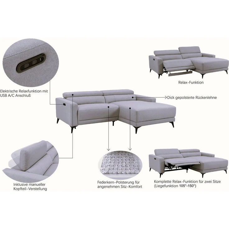 OTTO home Ecksofa LEWII, L-Form, 213 cm - elektr. Relaxfunktion, mit USB A/C-Anschluss. Federkern, verstellbaren Kopfstützen, Webstoff – Bild 3