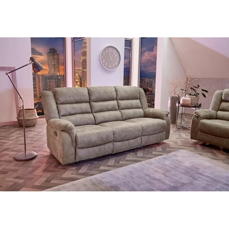 3-Sitzer-Relaxsofa Couch Liegefunktion Federkernpolster Stoff Vintage Graubraun – Bild 2