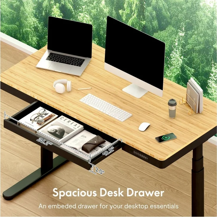 FLEXISPOT Schreibtisch Höhenverstellbarer Schreibtisch MIT Schubladen (mit kabellosem Laden, 4 Memory-Tasten, Schublade & Kabelmanagement), Doppelmotor, 3-stufige Beine, 140x70cm Bambusplatte, einfache Montage – Bild 2