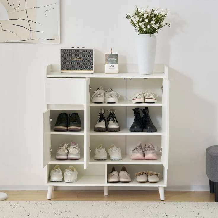 Merax Schuhschrank, Kommode, Sideboard, mit verstellbaren Einlegeböden – Minimalistischer Home Organizer mit Massivholzbeinen , Weiß – Bild 2