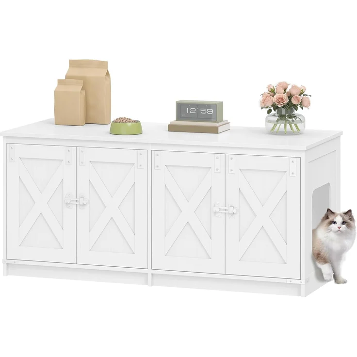 Katzenschrank, Katzenklo Schrank für 2 Katzen, Versteckter Katzentoilettenschrank, Katzenhaus für den Innenbereich, Bauernhausstil, 119 x 48 x 53,5 cm, Weiß – Bild 2