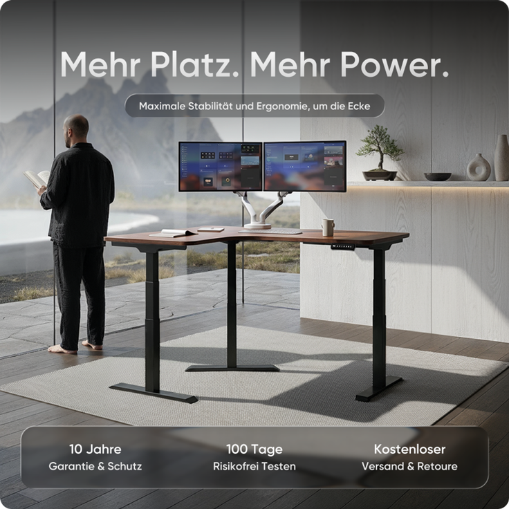 DESKSPACE CORNER Schreibtisch, Elektrisch höhenverstellbar, 160 x 130 x 70 cm, Mahagoni Tischplatte, Schwarzes Gestell – Bild 2