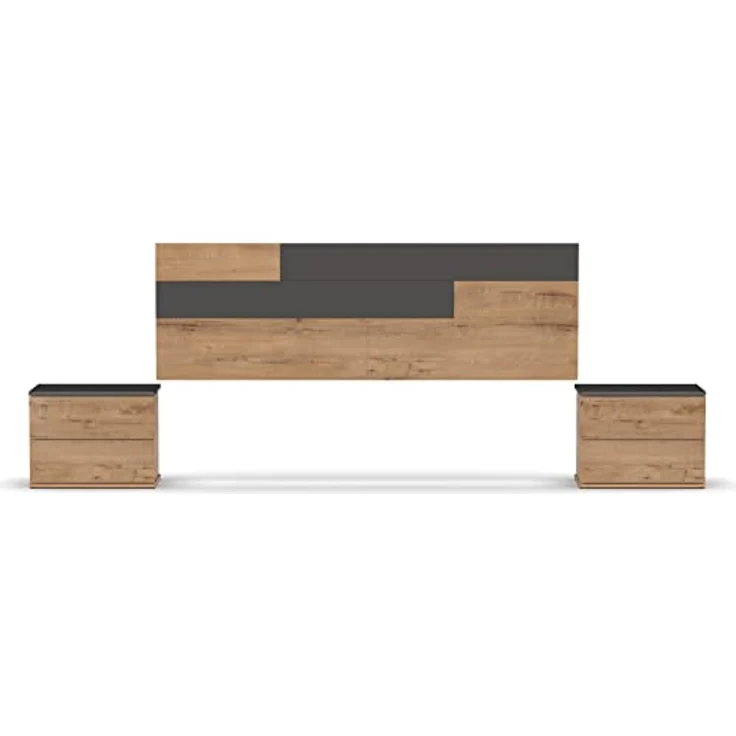 Muebles Pitarch | Set Kopfteil und 2 Nachttische, inklusive Aufhängewerkzeug, Metallführungen, Grau und Gold Eiche, Doppelbettzimmer, für Bett 150, Modell Erika – Bild 1