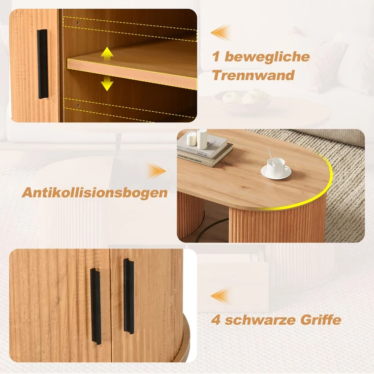 Couchtisch 100 x 50 x 33 cm, mit ovaler Tischplatte, mit verdeckt liegendem Stauraum, aus MDF und Spanplatte, Naturfarben – Bild 9