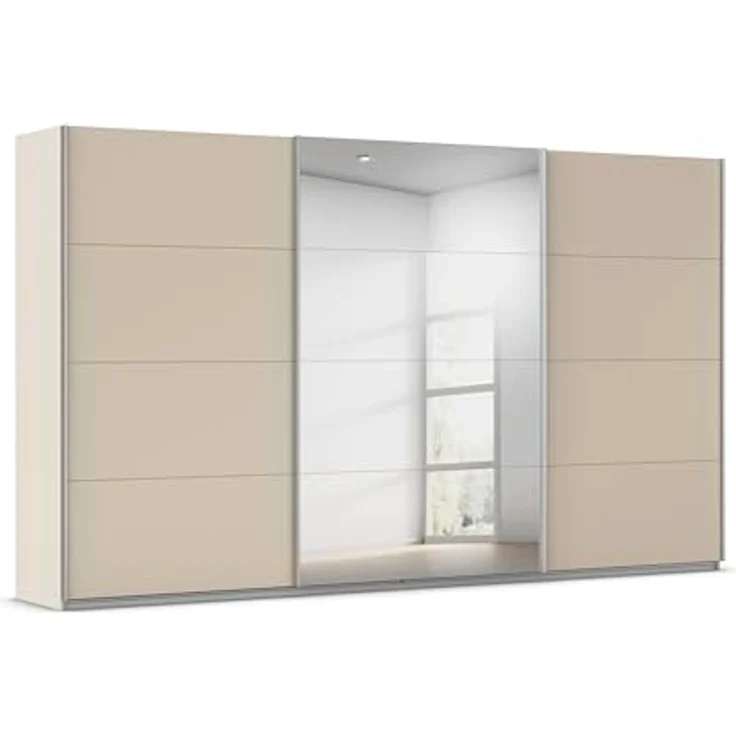 Rauch Möbel Kulmbach, Kleiderschrank mit Schwebetüren für Schlafzimmer, Kinderzimmer, Jugendzimmer, Garderobe, Flur, 3-türig, mit Spiegel, Zubehör Basic, Farbe Beige, Breite 360 cm – Bild 1