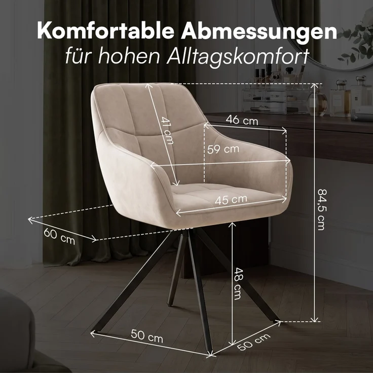 skølm 'Sköll' Esszimmerstühle, 6er Set, macchiato, gepolstert mit Samt-Bezug, höhenverstellbar & drehbar, Polsterstühle mit Armlehnen, bis 150 kg belastbar – Bild 8