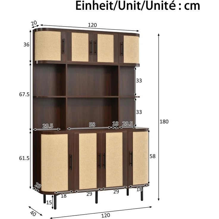 Sideboard 120 x 20 x 180 cm in Nussbaumoptik mit Flechtfronten und 8 Türen – Bild 5