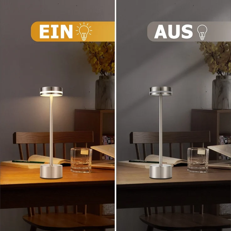 ZMH Tischlampe Akku LED- Tischleuchte Kabellos - Nachttischlampe Dimmbare mit USB-C Aufladbar Batterie Touch- Lampe Gold Tischlampen -für Schlafzimmer Esszimmer Büro (Silber, 2ER) – Bild 5