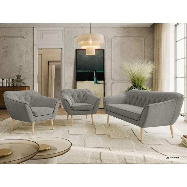 Wohnzimmerset PIRS 1-1-3, Skandinavisches 3-Sitzer Sofa mit Sesseln, Sofa mit Wellenfederung, Buche Füße, Skandinavisches Möbelset - Grau Stukture – Bild 4