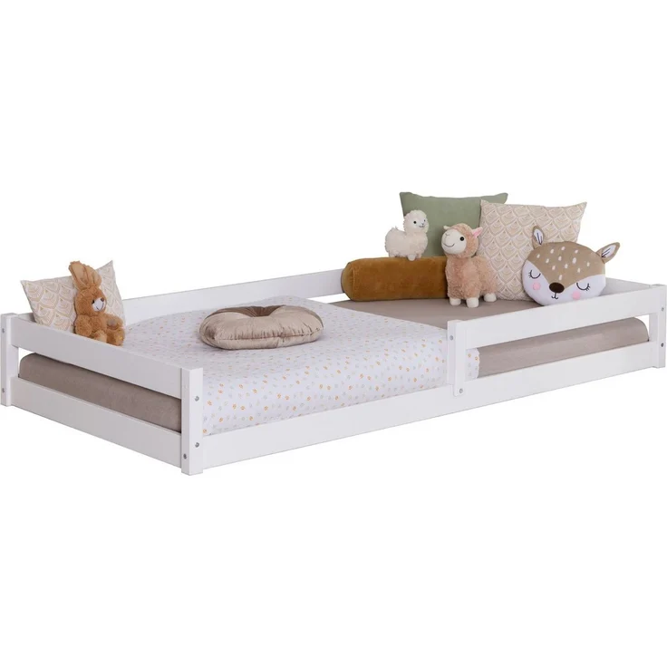 Ticaa Kinderbett Emi Hausbett Bodenbett mit Rausfallschutz 150kg (aus Kiefer Massivholz), inkl. stabilem Roll-Lattenrost, Weiß – Bild 1