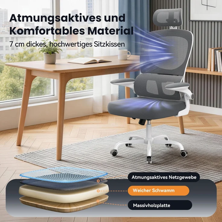 Botifly Ergonomischer Bürostuhl, Mesh-Gewebe, Grau/Weiß, 90°-120° Wippfunktion, 10 cm Höhenverstellbar, 52 x 25.5 x 62 cm – Bild 5