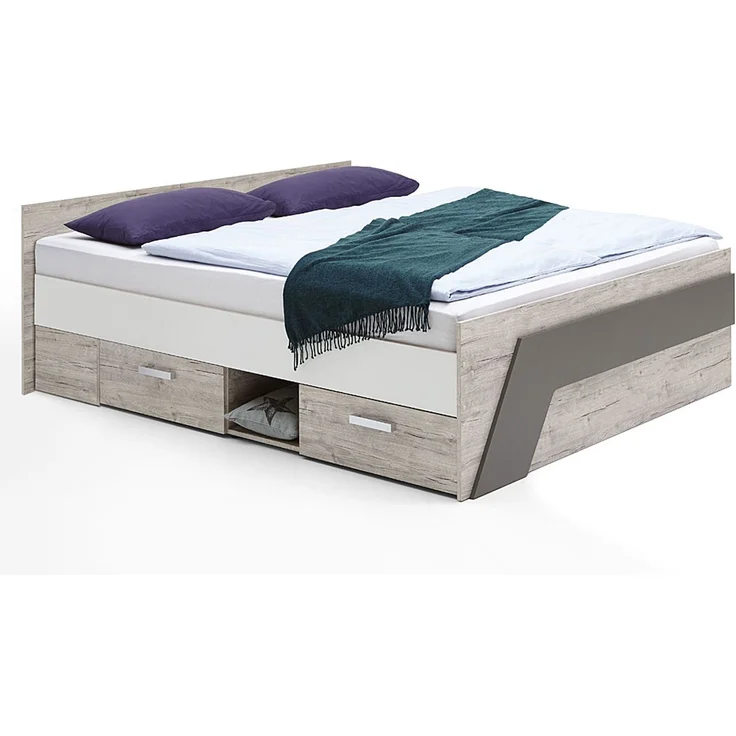 Jugendzimmer Komplett-Set mit Bett 140x200 cm mit Kleiderschrank LEEDS-10 in Sandeiche Nachbildung mit weiß, Lava und Denim Blau – Bild 2