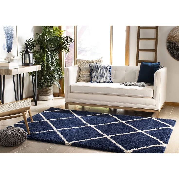 SAFAVIEH Zottelig Teppich für Wohnzimmer, Esszimmer, Schlafzimmer - Hudson Shag Collection, Hoher Flor, Marine und Elfenbein, 91 X 152 cm