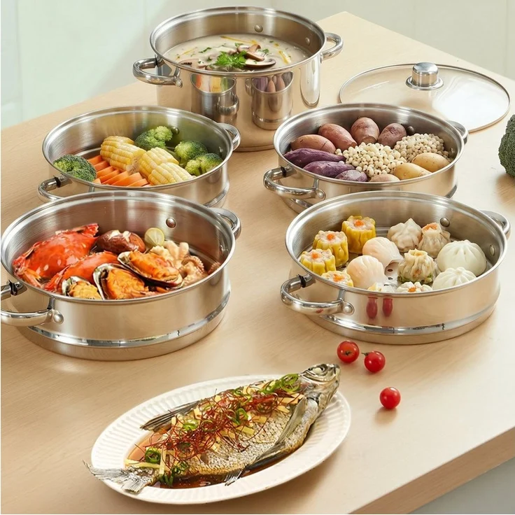 FOHERE Dampfgartopf Dampftopf Edelstahl Ø 26 cm, aus Edelstahl 18/10, für Alle Herdarten, Edelstahl (Set, auch Induktion), 5 In 1 mit Dampfeinsatz und Glasdeckel – Bild 2
