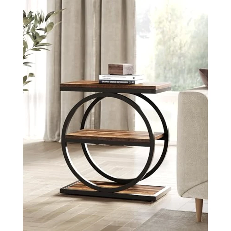 LITTLE TREE 3-stöckiger Beistelltisch, schmaler Sofa-Beistelltisch für Wohnzimmer, hoher Nachttisch, rustikales Braun und Schwarz – Bild 10