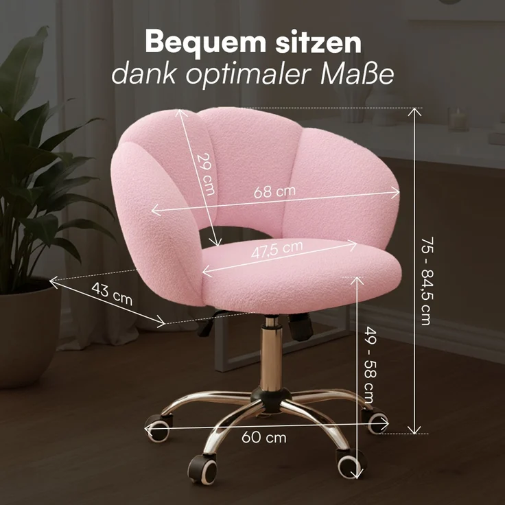 Bellamio 'Meli' Wolkenstuhl, rosa, Teddy-Bouclé Stoff, höhenverstellbar & drehbar, bis 140 kg, Schmink- & Schreibtischstuhl mit Rollen – Bild 9