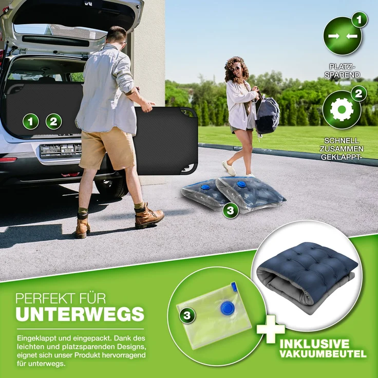 tillvex® Campingbett, mit Tragetasche, Polster & Nackenkissen, klappbar, Gestepptes Material, Oxford-Gewebe, Navyblau, 190 x 68 x 32 cm – Bild 8