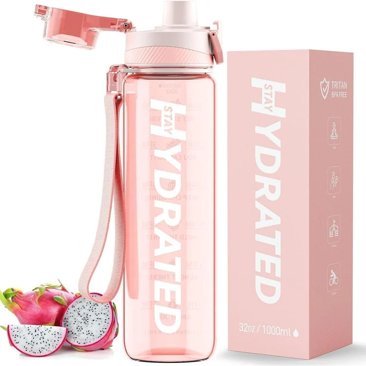 Mevoly Trinkflasche 1L BPA-Frei Tritan Sport Zeitmarkierung Rosa – Bild 1