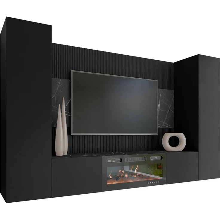 Wohnwand Deromi V mit Kamin (Farbe: Schwarz + Schwarz Marmor) – Bild 2