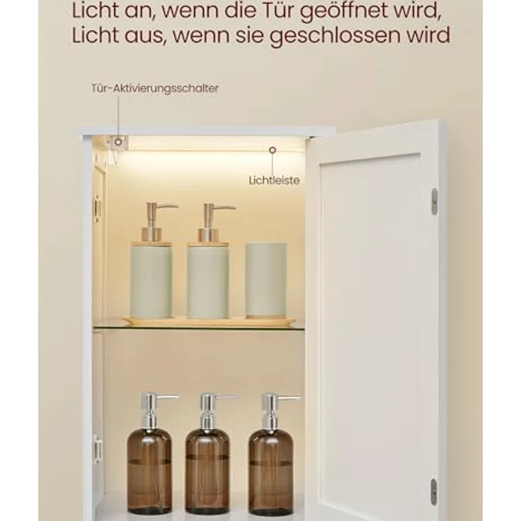 VASAGLE Badezimmerschrank mit Beleuchtung, hoch, schlanker Badschrank, Aufbewahrungsschrank mit verstellbaren Ablagen, für kleine Räume, modern, 40 cm breit, wolkenweiß BBC766WH03 – Bild 3