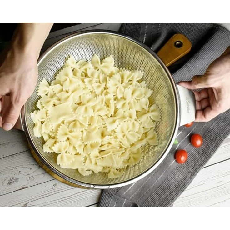 Edelstahl Küchensieb 28 cm mit 2 Griffen – Feinmaschiges Sieb aus Edelstahl 18/8 – Mattierte Oberfläche – Abgießsieb für Nudeln, Gemüse, Mehl – Robustes Küchensieb – Bild 2