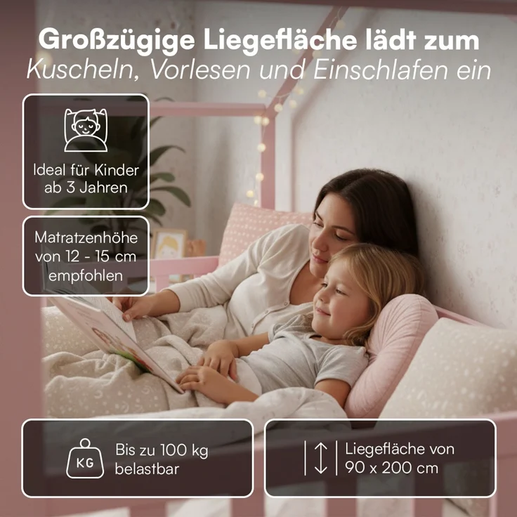 Bellabino 'Bia' Hausbett 90x200 cm mit Matratze, rosa, Kiefer Massivholz, Bodenbett in Hausoptik, Montessori Kinderbett mit Rausfallschutz und Lattenrost – Bild 4