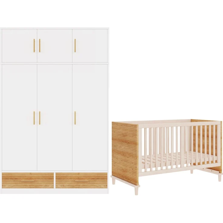 Merax 3-türiger Kleiderschrank + Gitterbett, Babyzimmermöbel, Kinderzimmermöbel-Set, Schlafzimmermöbel, freistehender Kleiderschrank mit Aufsatzschrank (120 x 50 x 180 cm), Babybett (70 x 140 x 87 cm), Naturholz – Bild 10