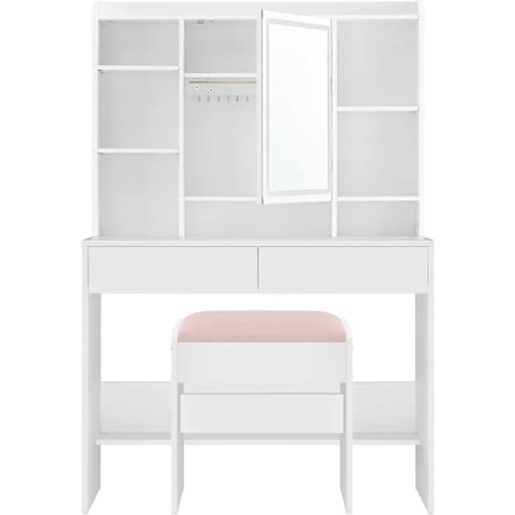 VASAGLE Schminktisch mit Beleuchtung, einstellbare Helligkeit, Hocker, Frisiertisch mit Spiegel, Kosmetiktisch mit verstellbaren Ablagen, 2 Schubladen, modern, wolkenweiß und pastellrosa – Bild 2