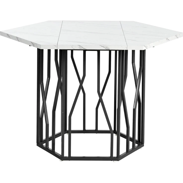 Sechseckiger Esstisch 115.5×100 cm mit 4 Samtstühlen, modernes Esszimmer-Set, ergonomisch, MDF Tischplatte, Metallgestell – Bild 8