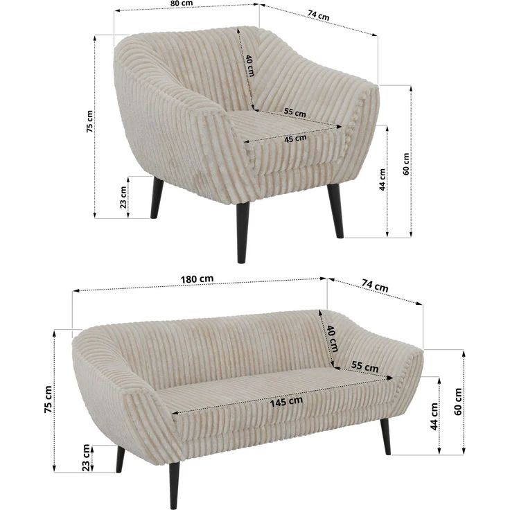 Wohnzimmerset PIRS 1-1-3, Skandinavisches 3-Sitzer Sofa mit Sesseln, Sofa mit Wellenfederung, schwarze Füße, Skandinavisches Möbelset - Beige Cord – Bild 5