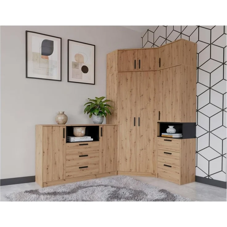 Marmex Möbel Grant Set-48A Eckschrank-System mit Aufsatz 235 cm hoch – 6-teiliges Kleiderschrank-Set für maximalen Stauraum, laminierte Spanplatte, artisan, 143/143x235x40 cm – Bild 9