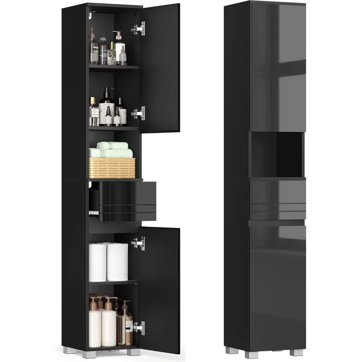 VASAGLE Badezimmerschrank, Badschrank, Badezimmermöbel mit Einer Schublade, verstellbare Ablagen, offenes Fach, 30 x 30 x 170 cm, tintenschwarz BBC560B01