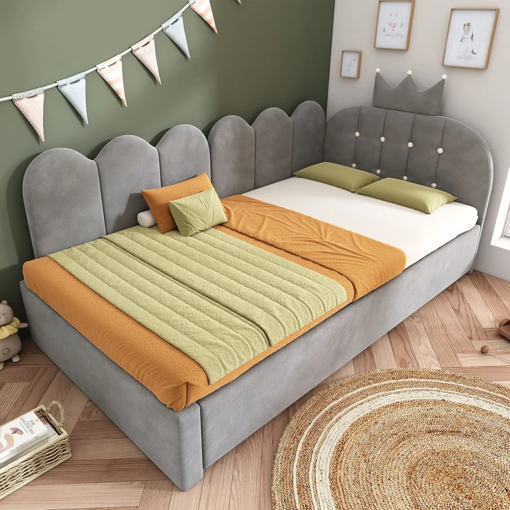 Merax Einzelbett 90x200 cm, Kinderbett, Polsterbett mit 90x190 cm Ausziehbett, Niedliches Kronen- und Gitterdesign, Samt, Grau – Bild 7