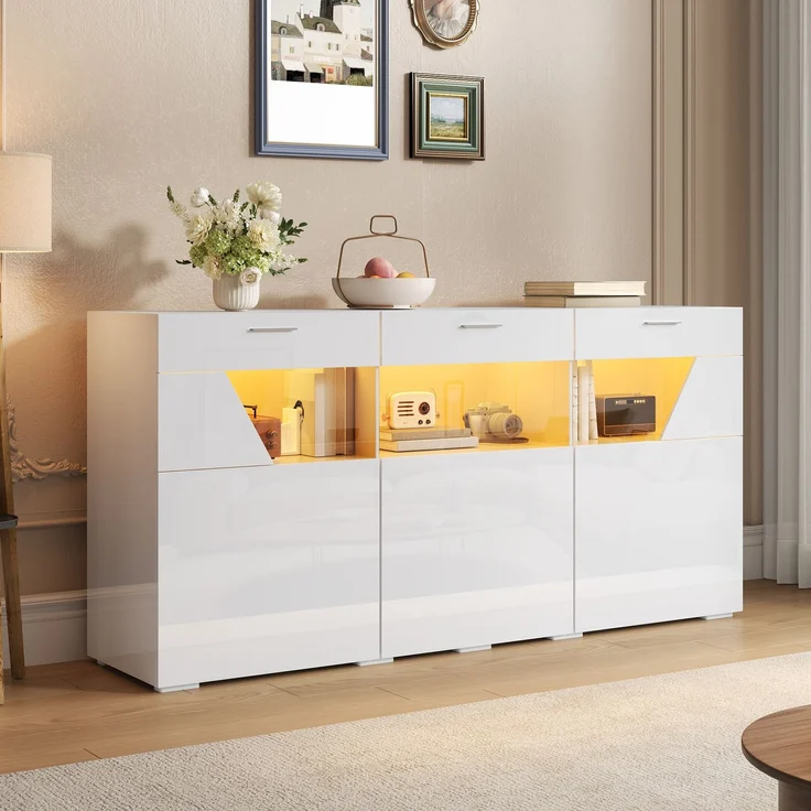 ZUBALIYA Sideboard 160x38x78 cm, mit LED-Beleuchtung, Hochglanz, mit 3 Türen, aus Spanplatte, Weiß – Bild 8