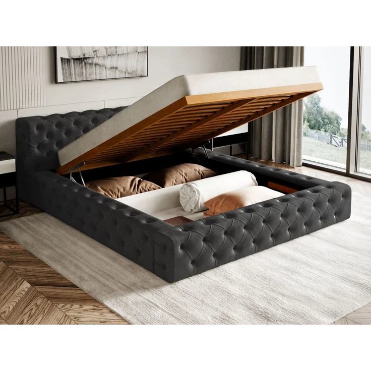 GRAINGOLD Palini Polsterbett 180x200, mit gepolstertes Kopfteil, gestepptes Bett, Bettkasten, Velour-Stoff, Schwarz – Bild 5