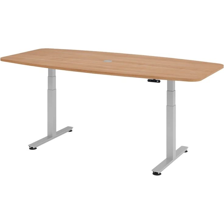 bümö Konferenztisch elektrisch höhenverstellbar 220x103 in Nussbaum, Gestell: Silber - elektrischer Besprechungstisch oval mit Memoryfunktion höhenverstellbarer Meetingtisch, XDSM22-N-S – Bild 1