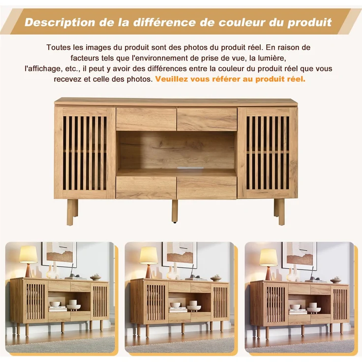 ZUBALIYA Sideboard 140x35x71 cm, mit 4 Schubladen, aus MDF, Natur – Bild 15