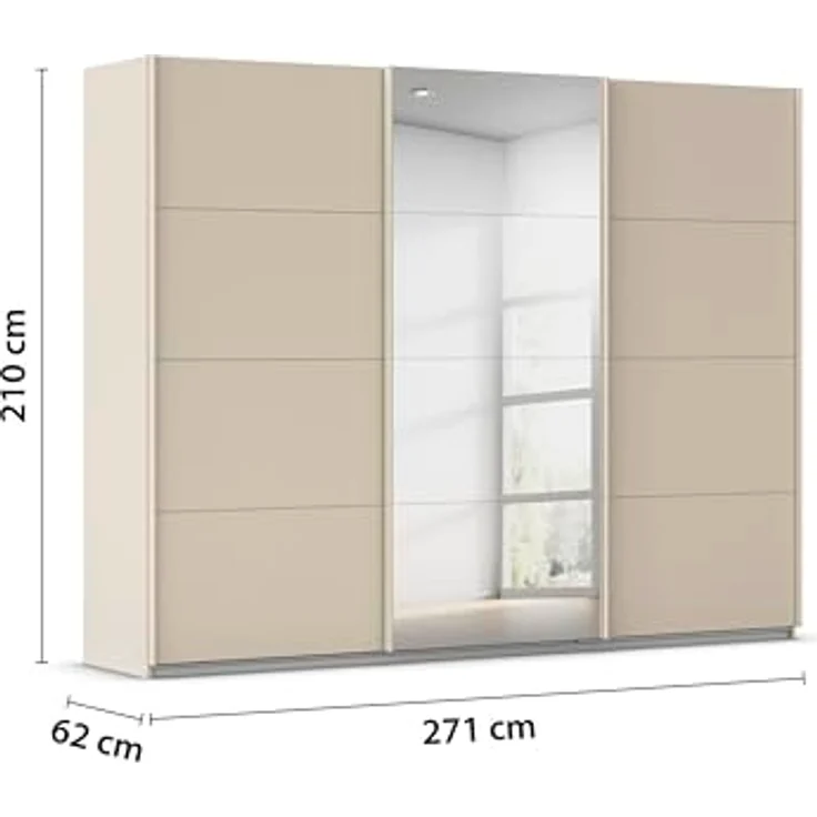 Rauch Möbel Kulmbach, Kleiderschrank mit Schwebetüren für Schlafzimmer, Kinderzimmer, Flur, 3-türig, mit Spiegel und Soft-Close-Funktion, Zubehör Premium, Farbe Beige, Breite 271 cm – Bild 3