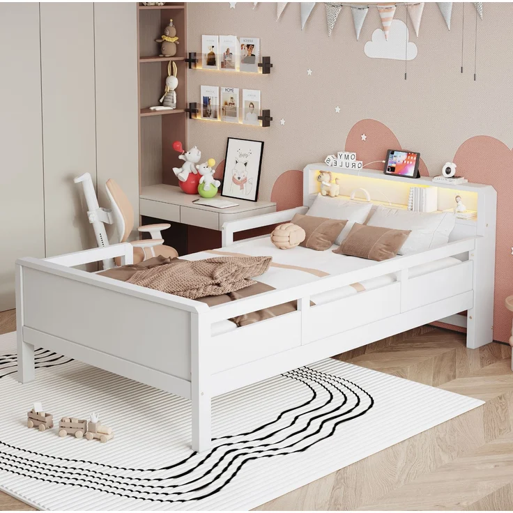 EINHOM Holzbett 90 x 200 cm, Holz, USB- und Tape-C-Kombi-Steckdose, Kleine LED-Leuchte, Kopfteil mit Ablagefunktion, Kinderbett, Einzelbett, Multifunktionsbett, Kiefernholz, Weiß, (Ohne Matratze) – Bild 4