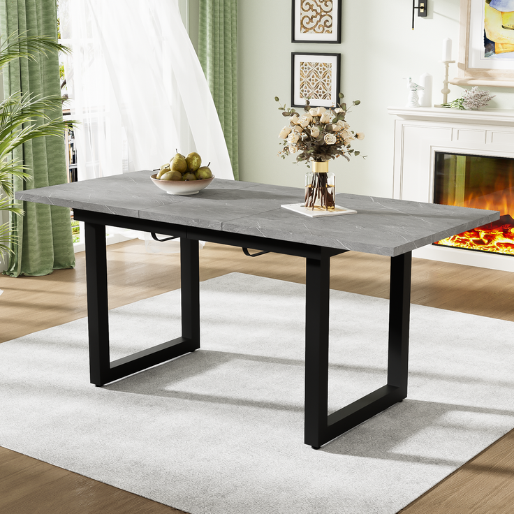 Erweiterbarer Esstisch, L140/180*W80*H75,Industriestil, rechteckiger, Kaffee-Freizeittisch, moderner einfacher Esstisch aus Eisen, Platzsparender multifunktionaler Esstisch, MDF,Beton-optik+Schwarz