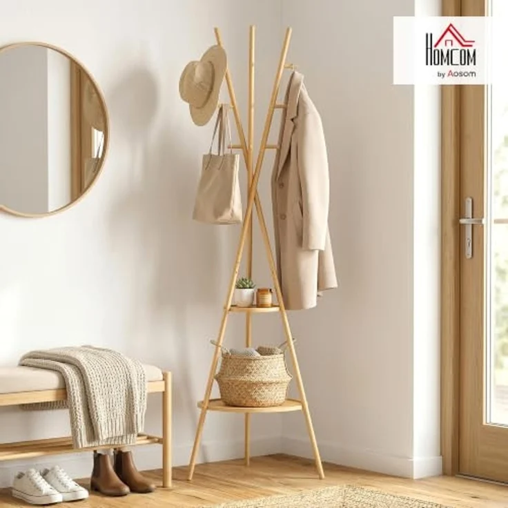HOMCOM Garderobenständer Jackerständer Garderobe mit 9 Haken, für Flur, Eingangsbereich, (Set, 1 St, 1), aus Bambus, 2 Ablagefächer – Bild 2