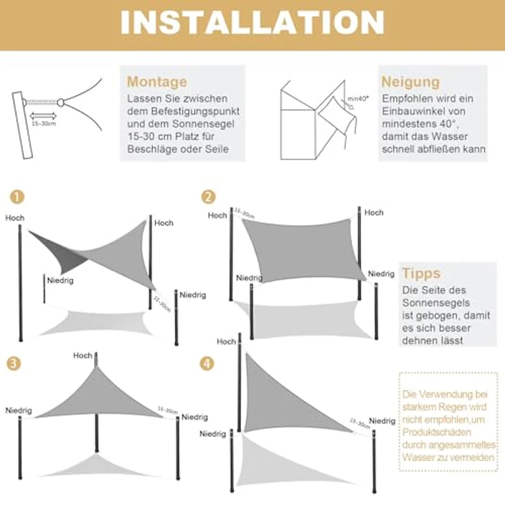 AXT SHADE Sonnensegel Wasserdicht Dreieckig 3,6 x 3,6 x 3,6 m Wetterschutz Sonnenschutz PES Polyester mit UV Schutz für Terrasse Balkon Garten-Sand(Wir Machen Sondergrößen) – Bild 6