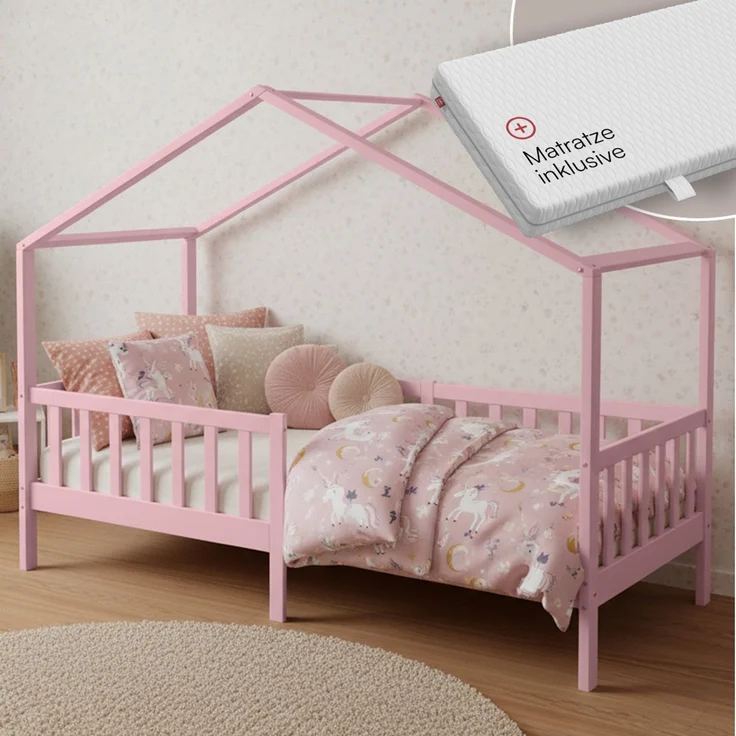 Bellabino 'Bia' Hausbett 90x200 cm mit Matratze, rosa, Kiefer Massivholz, Bodenbett in Hausoptik, Montessori Kinderbett mit Rausfallschutz und Lattenrost – Bild 1