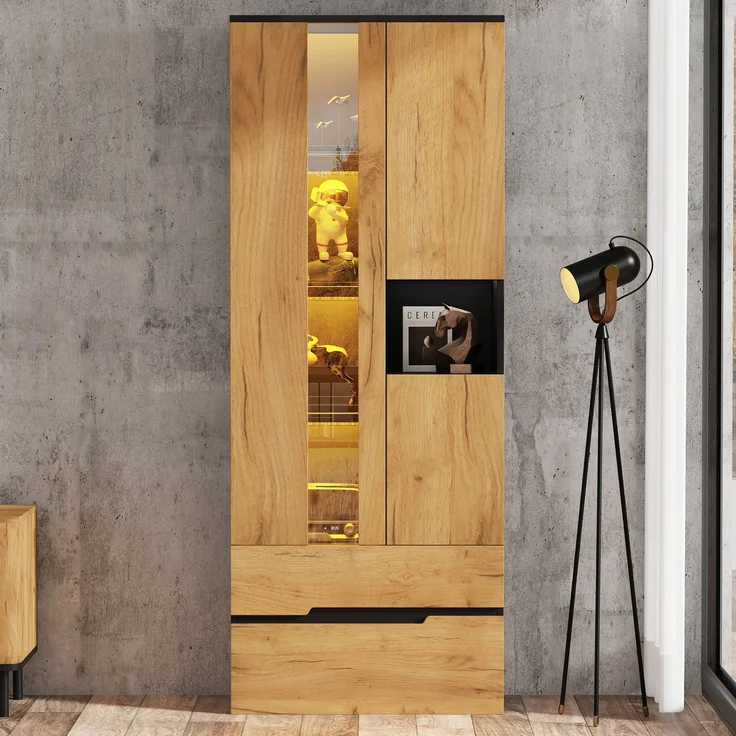 Vitrinen-Schrank, 70×35×180cm Mehrzweck Aufbewahrungsschrank mit LED-Lichtleiste, 3 Türen & 2 Schubladen, Holz-Schwarz Kombinationsdesign, bis 45kg Traglast, moderner Stauraumschrank für Wohnzimmer--Natürlich--70x35x180cm--YOUDENOVA – Bild 3