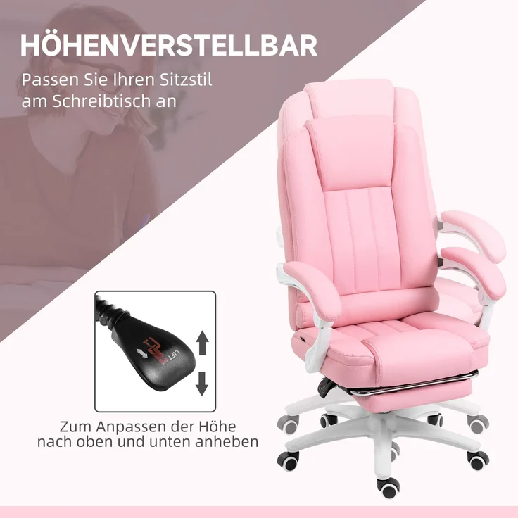 MELAYR, Bürostuhl mit Fußstütze, verstellbare Rückenlehne, höhenverstellbar, 5 Rollen, Rosa + Weiß, 65 x 68 x 116 cm – Bild 6
